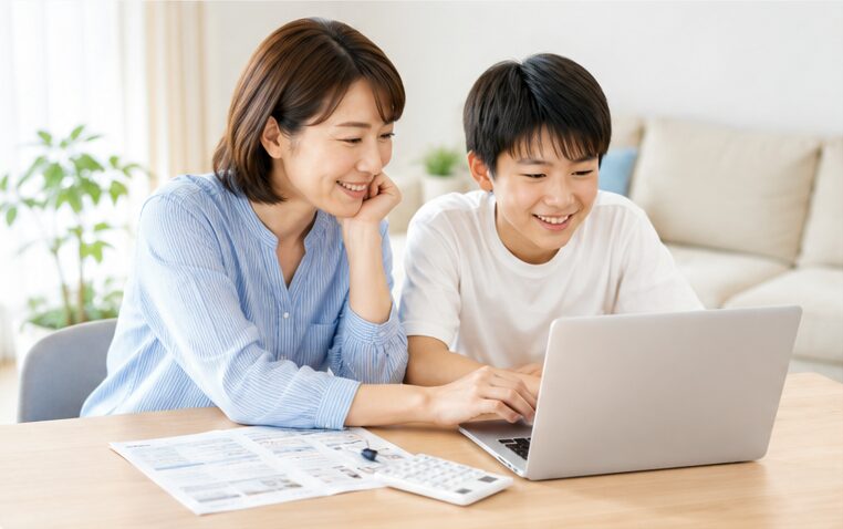 保護者と勉強する中学生